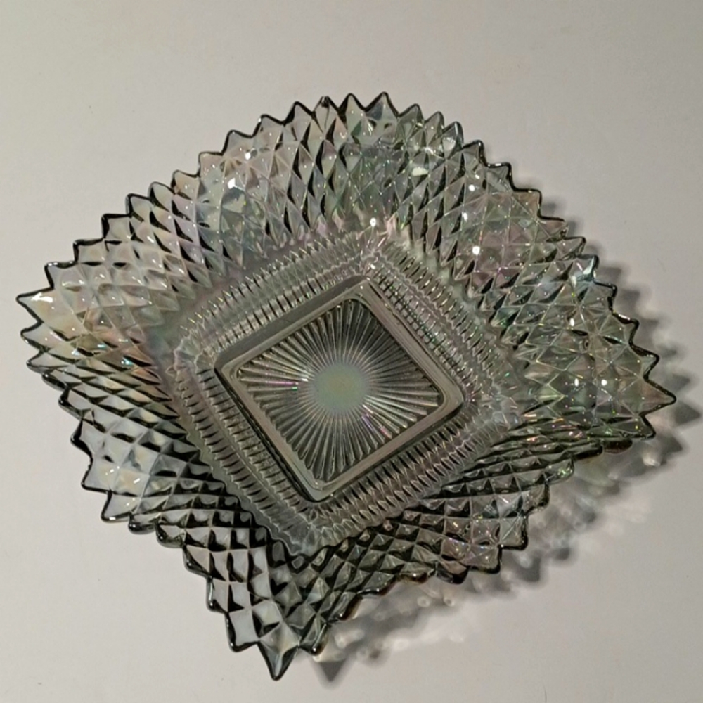 Iridescent Smokey Grey Carnival Glass Square Diamond Design Saw Tooth Edge Dish